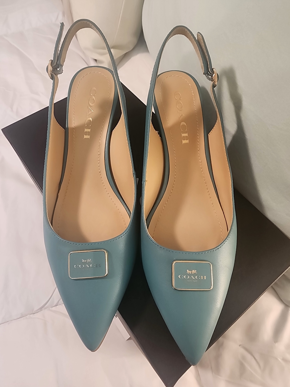 Coach Blue Green Pointed Toe Slingback Heels - Picture 3 of 13